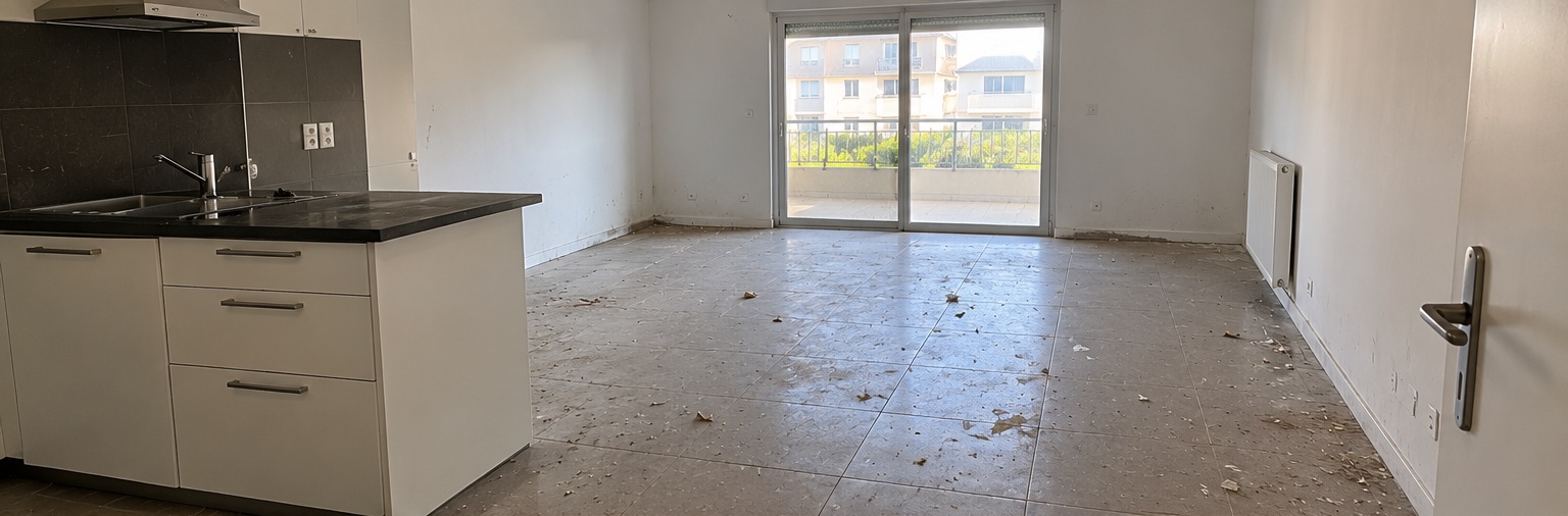 Appartement avec cuisine ouverte et sol carrelé sale avant remise en état de fin de location par G2R Nettoyage à Rennes et alentours