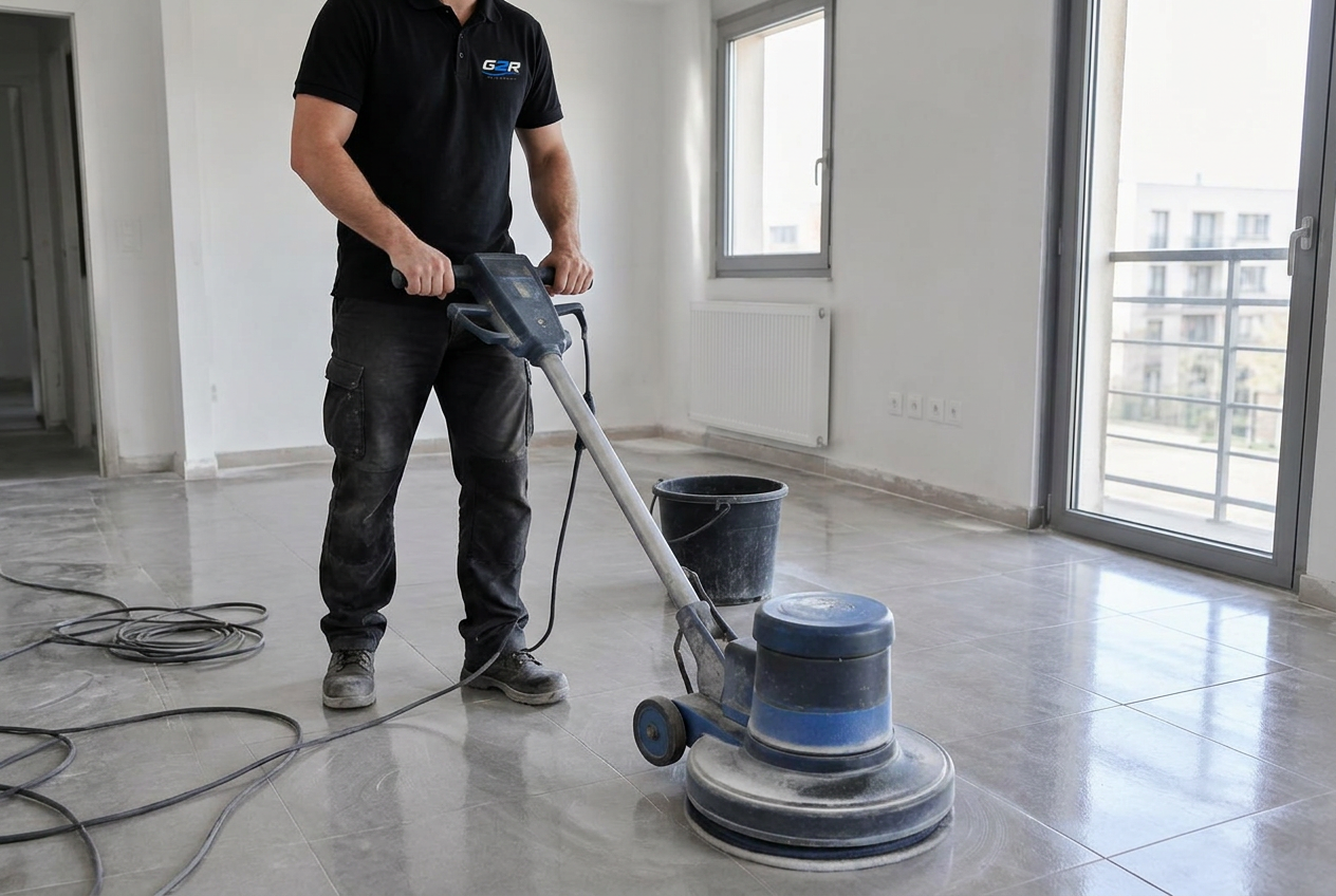 Technicien G2R Nettoyage passant la monobrosse sur le sol d’un appartement en fin de chantier à Rennes